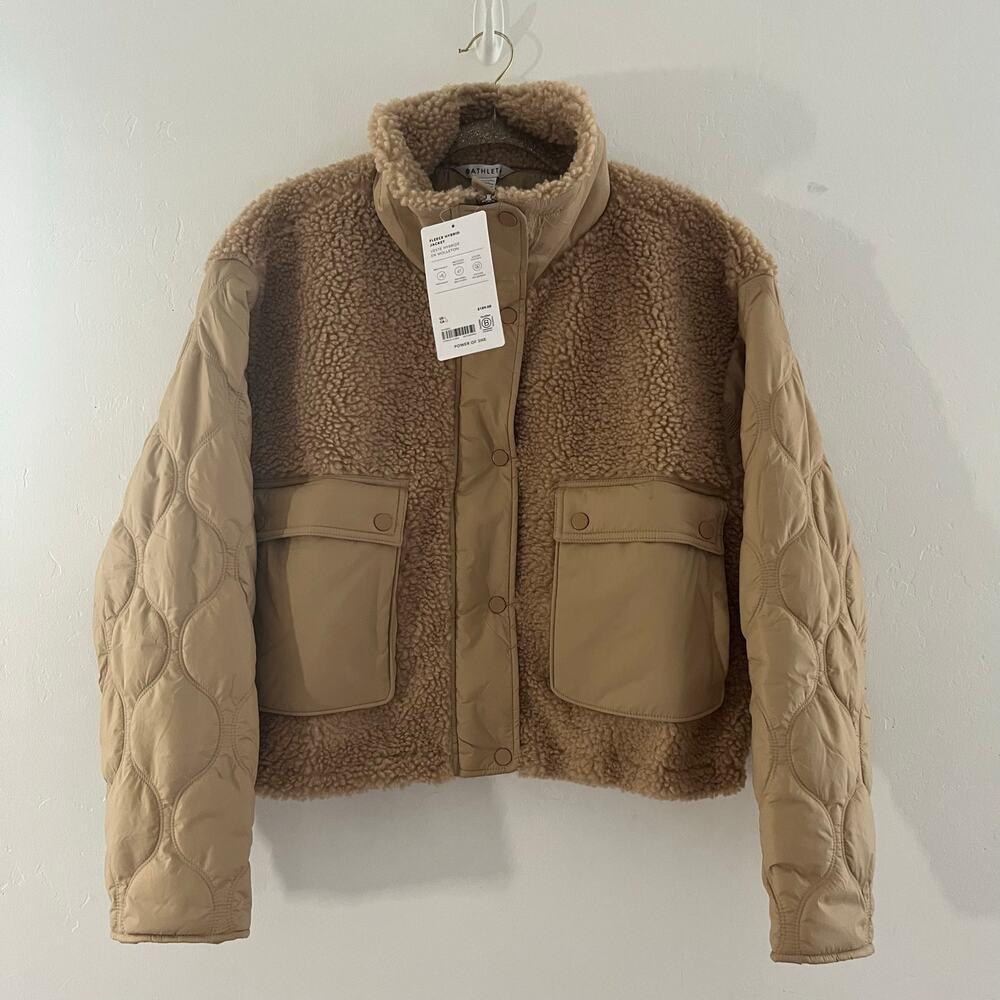 Athleta Fleece Hybrid Jacket Large Tan Neutral Bomber Sherpa Quilted Cozy NEW